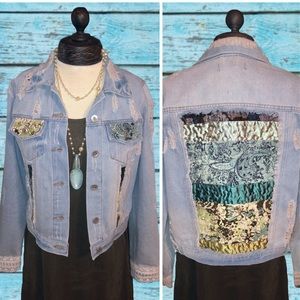 Upcycled Boho Distressed Light Denim Jacket Spring